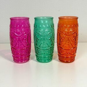 3 Colorful Tiki Tall Highball Glasses Pink Green Orange